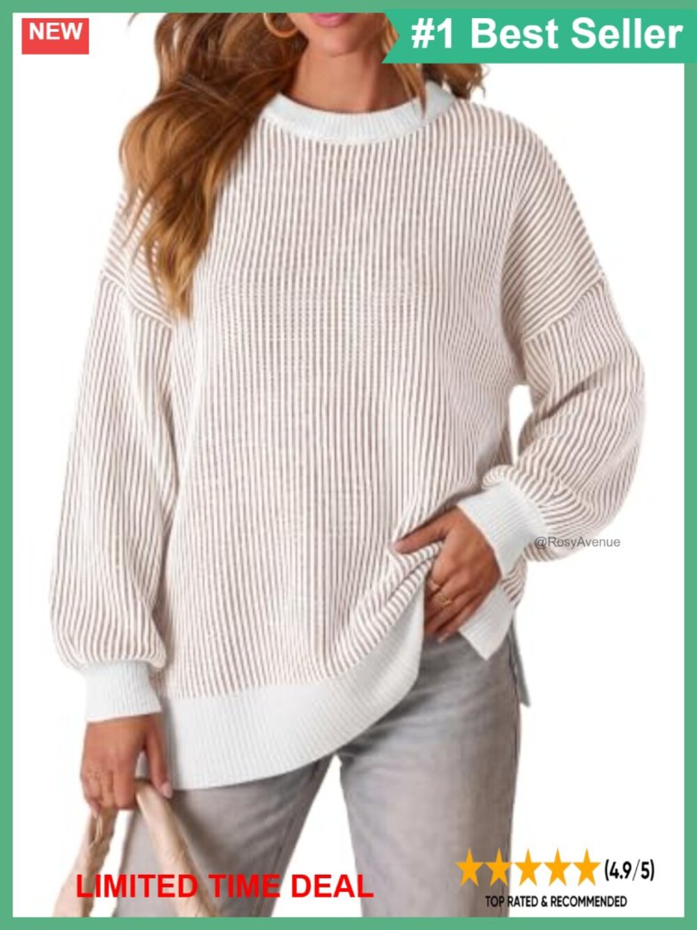 Oversized Striped Knit Pullover Sweater Crew Neck Batwing Sleeve Casual